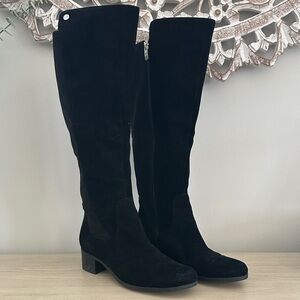 MARC FISHER Incept Riding Boots Side Zip Black Suede 7.5w/wc Comfort Padded